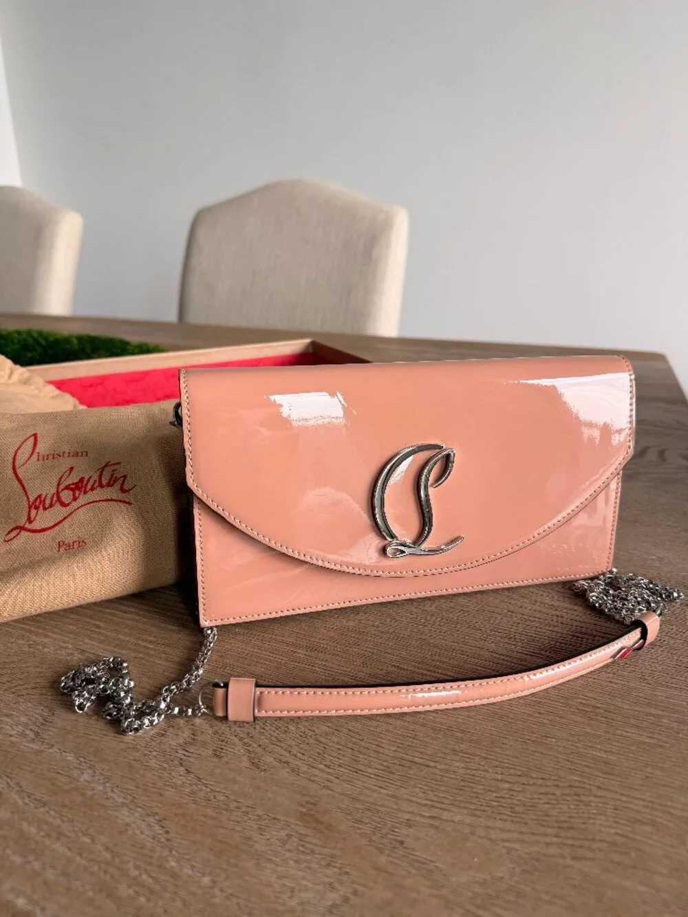 Christian Louboutin patent leather clutch/shoulder bag. nude and silver